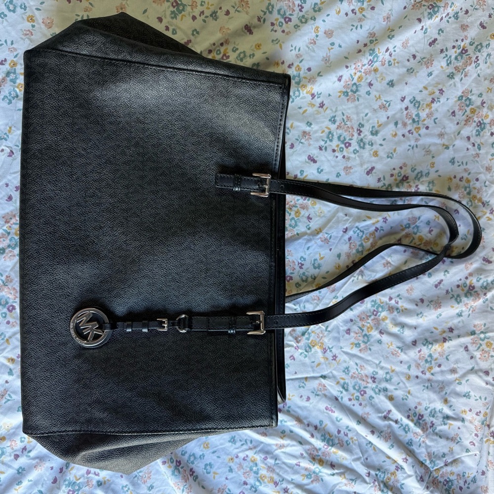 Michael Kors Black Leather Tote with Logo Charm